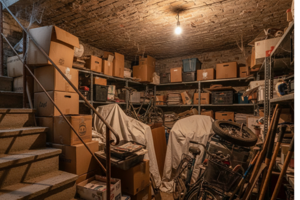 Cave encombr&eacute;e dans le 12e arrondissement de Paris avant intervention DEBACAVE — cartons, meubles et objets entass&eacute;s